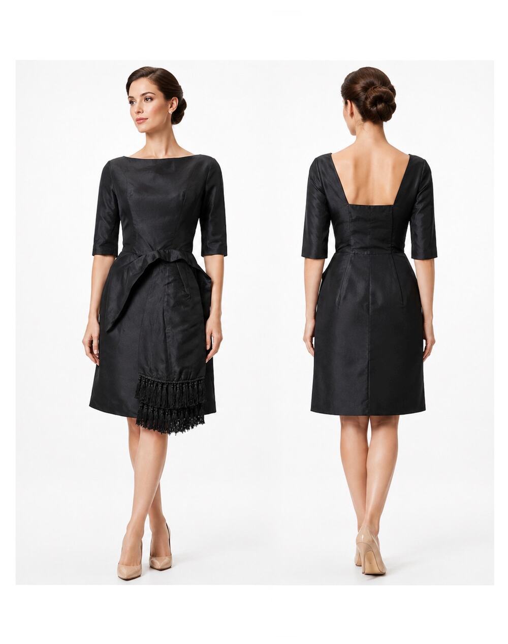 50s 60s Black Cocktail Dress Fringe Sash Low Back XS Audrey Style